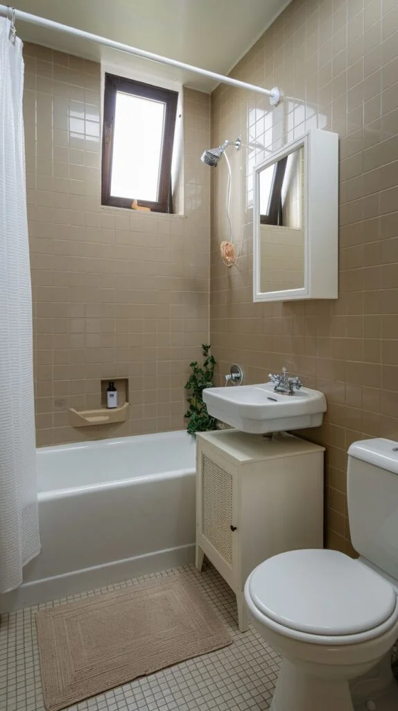 Bathroom with beige tiles and wall-mounted sink