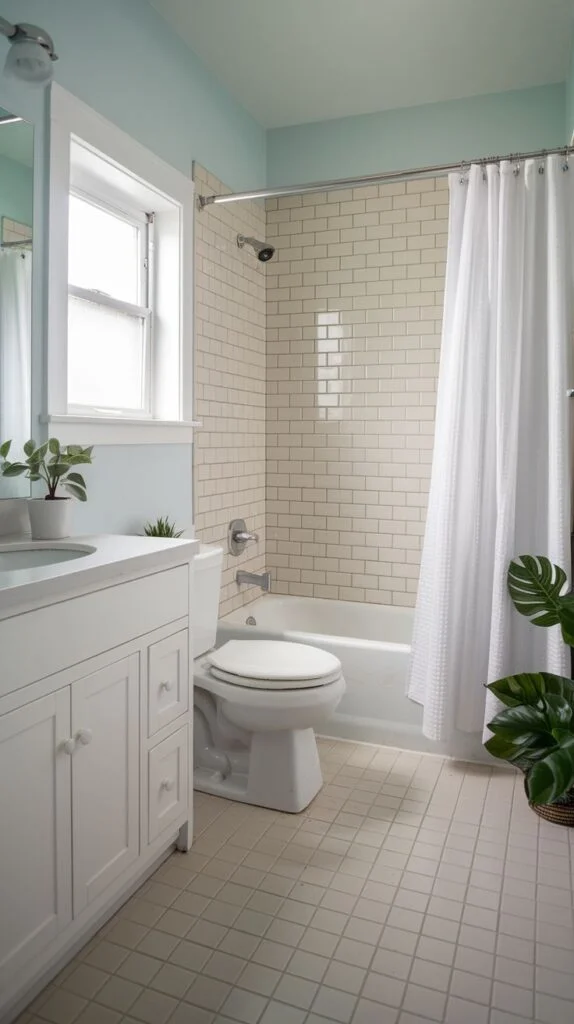 Bathroom with light blue walls and white subway tiles