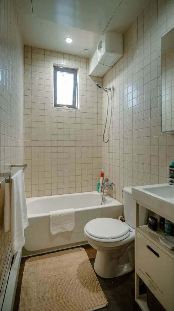Narrow bathroom with wall-mounted sink and storage