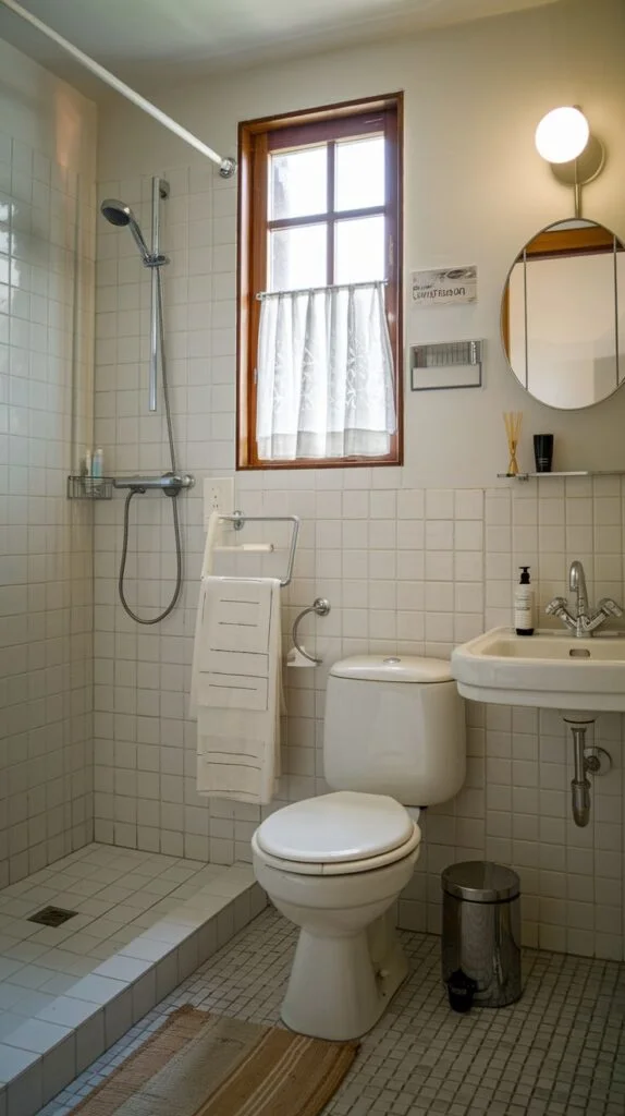 Minimalist bathroom with walk-in shower and white tiles