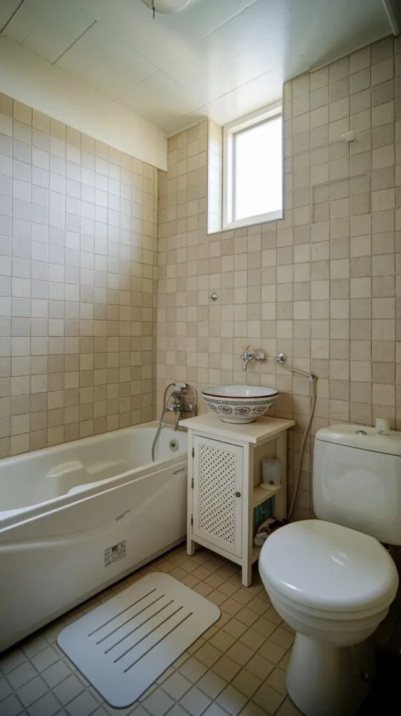 Bathroom with seamless tiling and vanity storage