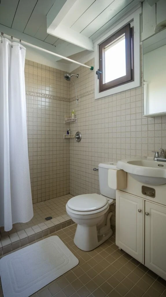Bathroom with rustic beams and tiled shower