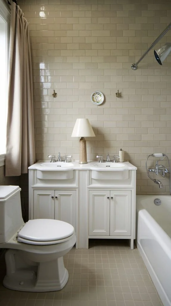 Bathroom with double vanity and beige subway tiles