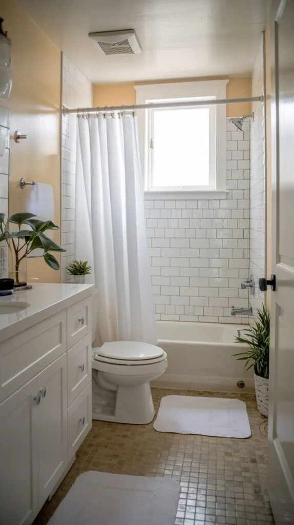 Bathroom with yellow walls and white fixtures