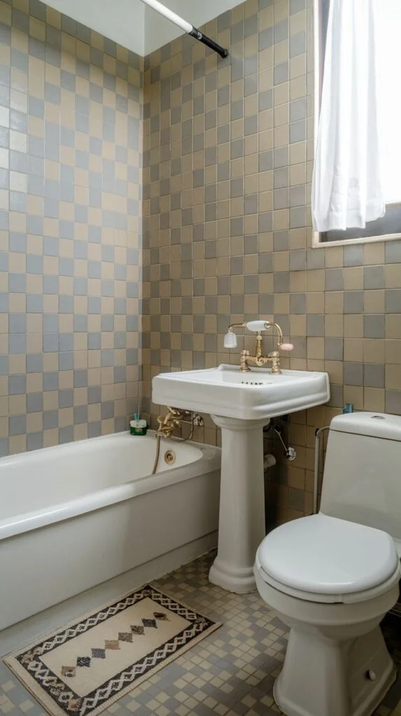 Bathroom with retro two-tone tiles and pedestal sink