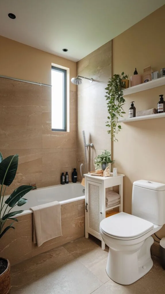 Bathroom with earth-toned tiles and open shelves