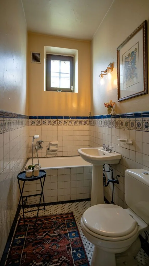 Vintage bathroom with decorative border tiles and hexagonal floor