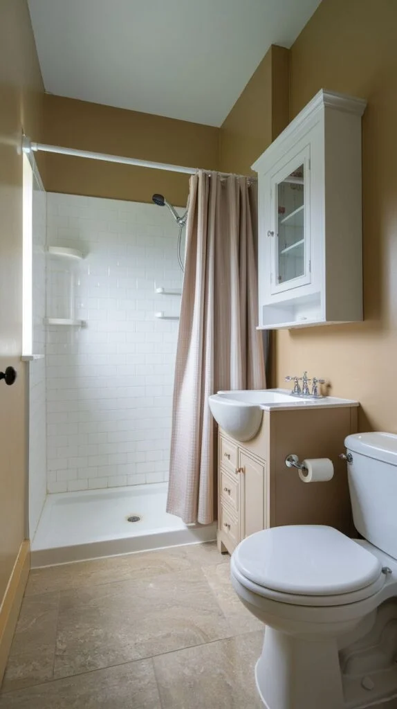 Bathroom with walk-in shower and vanity storage