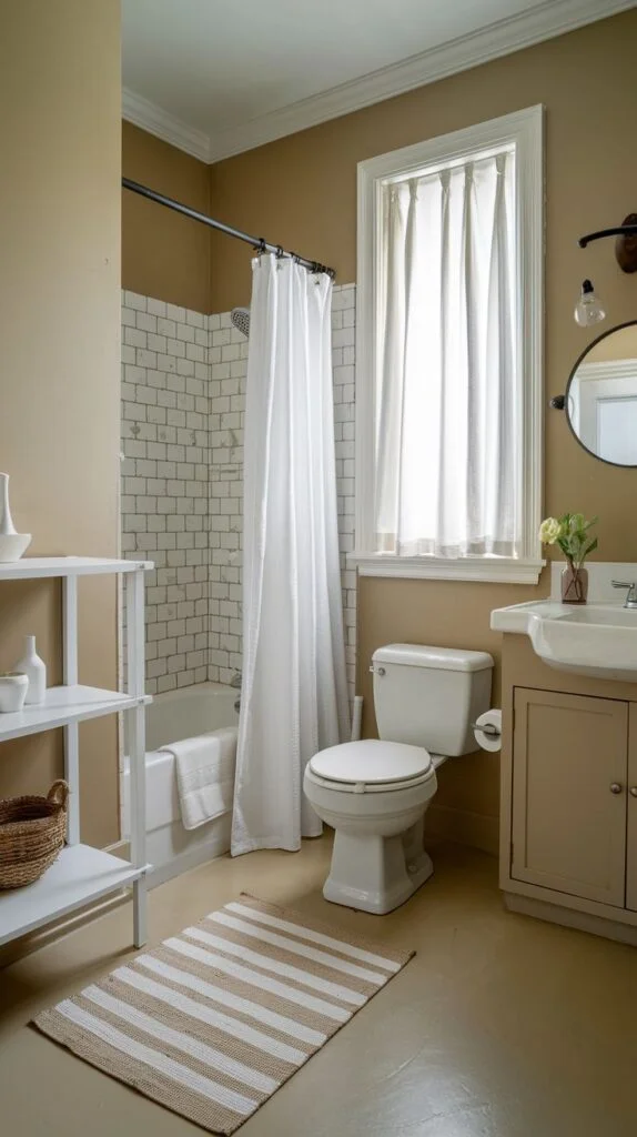 Bathroom with open shelving and bathtub shower combo
