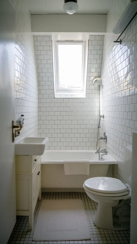 Narrow bathroom with white tiles and black and white floor