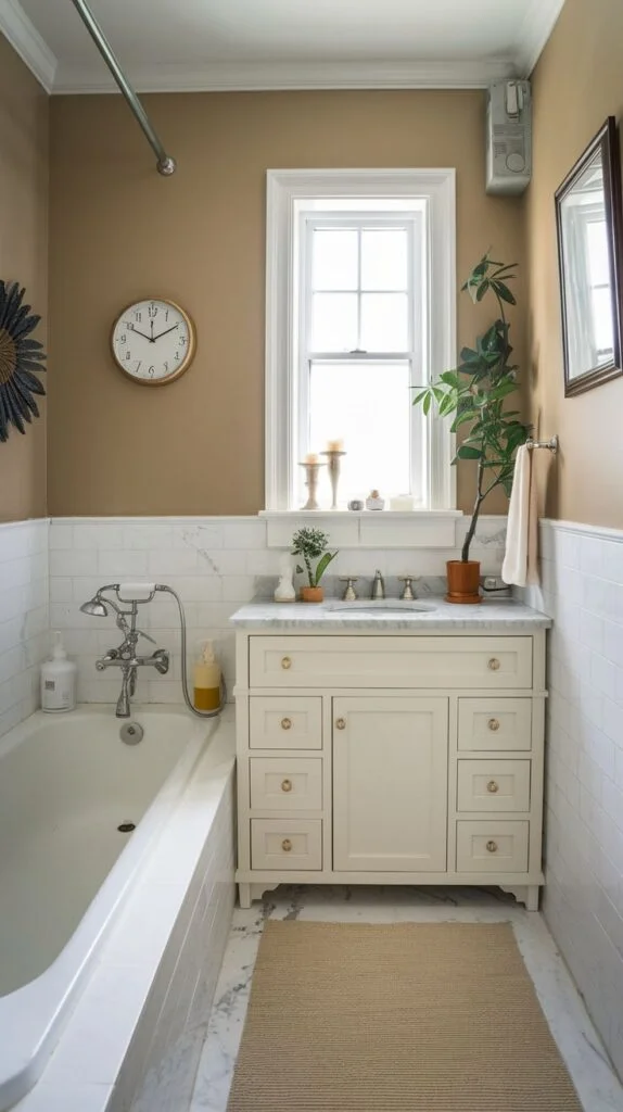 Bathroom with marble countertop and subway tiles