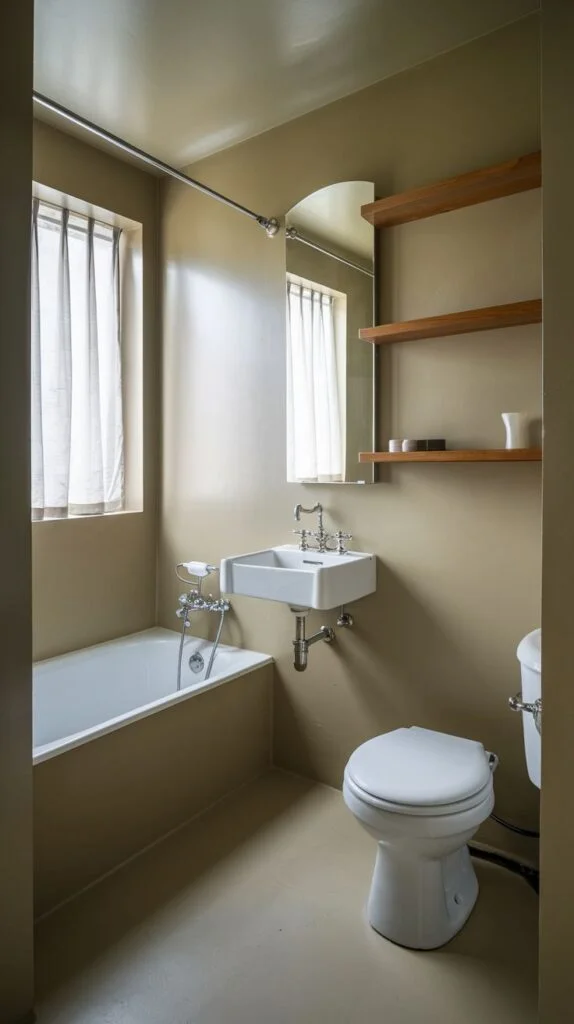 Minimalist bathroom with earth tones and wall-mounted sink