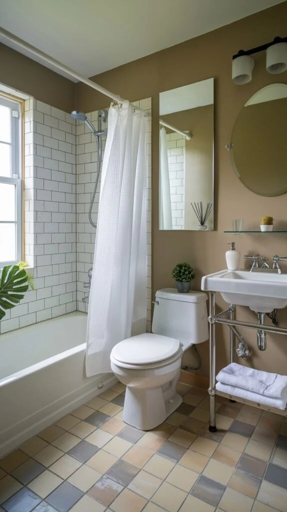 Bathroom with multi-colored floor tiles and white bathtub