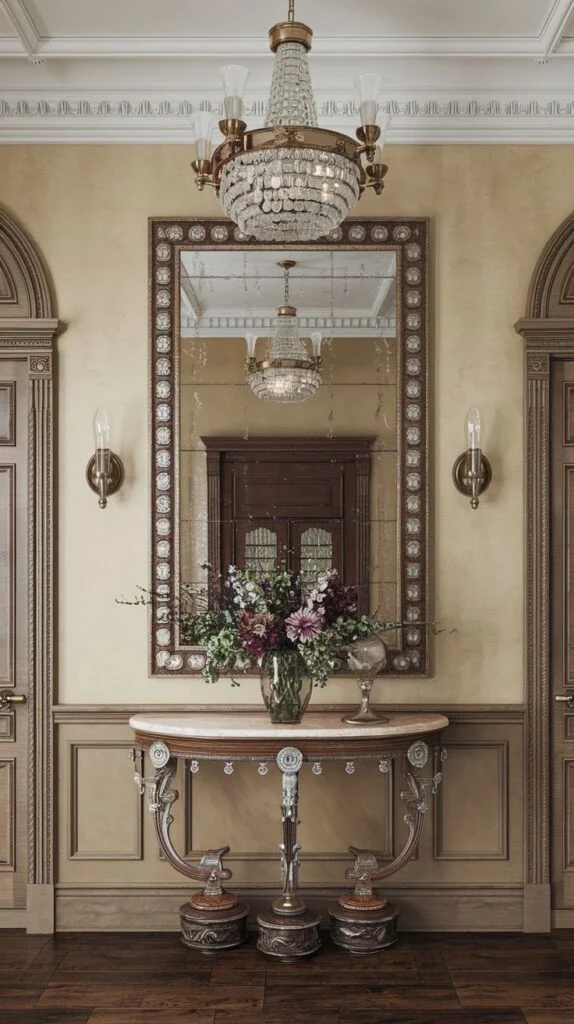 Victorian entryway with a large ornate mirror above a marble console table, crystal chandelier, wall sconces, and warm yellow walls with wood paneling.