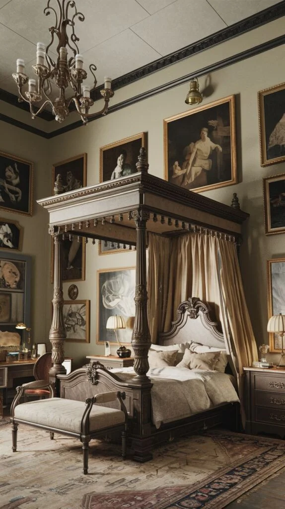 Victorian bedroom with dark wood four-poster bed, elegant drapes, upholstered bench, walls covered with framed paintings, dark chandelier, wooden desk and chair.