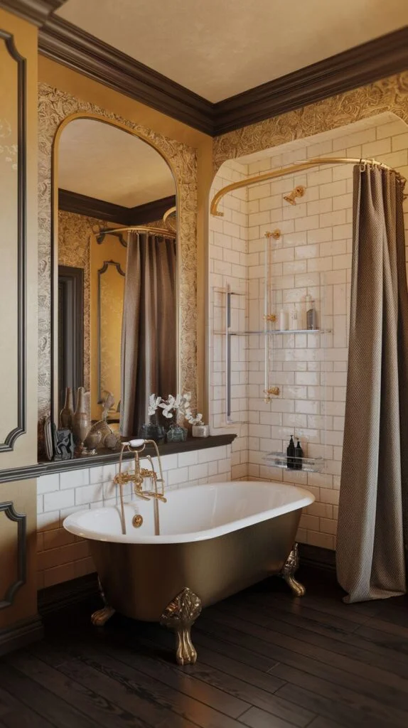Victorian bathroom with freestanding clawfoot tub with gold feet and fixtures, white subway tiles, patterned wallpaper, arched mirror, dark wooden shelf, and shower with beige curtain.