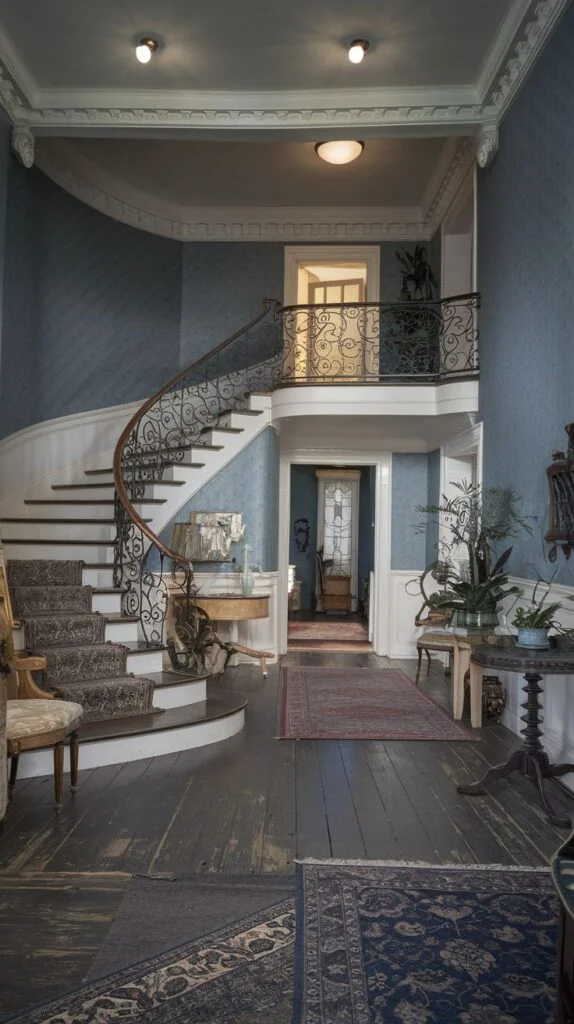 Victorian grand foyer with sweeping curved staircase, wrought iron railings, patterned carpet runner, blue wallpaper, dark wooden floor, and ornate rugs.