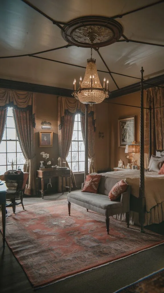 Victorian bedroom with canopy bed, tufted bench, desk by window, crystal chandelier, patterned curtains, and large red rug.