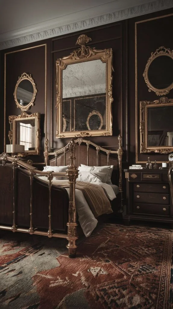 Victorian bedroom with dark wood bed frame with gold accents, dark brown walls with molding and framed mirrors, dark wooden nightstand, and patterned red and brown rug.