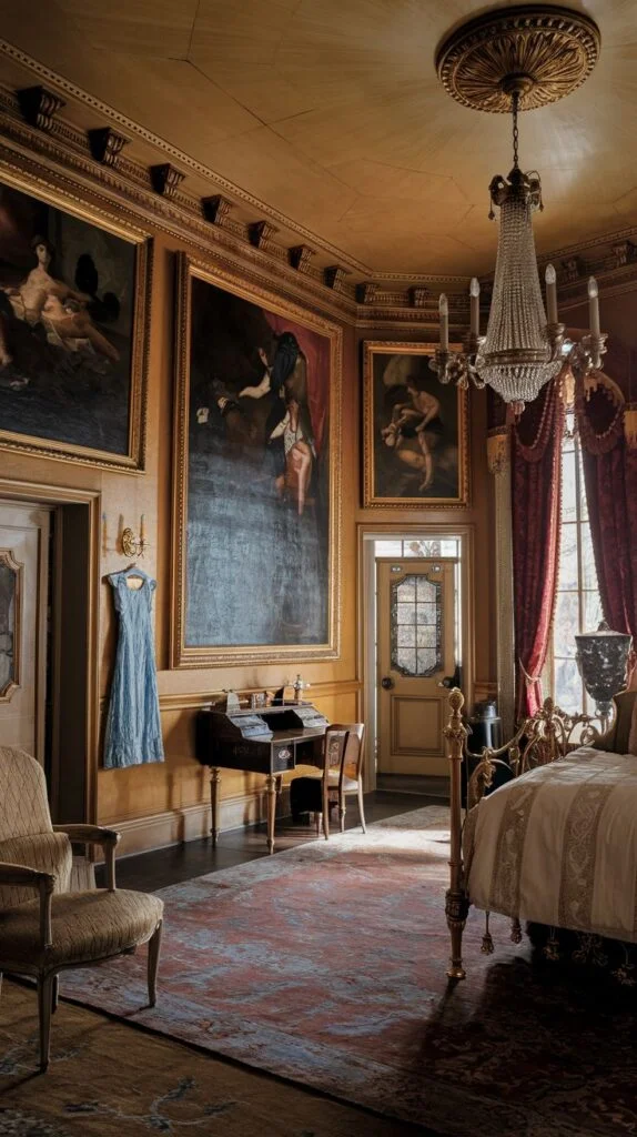 Victorian bedroom with ornate metal bed frame, walls covered with large framed paintings, red drapes, dark wooden desk, and crystal chandelier.