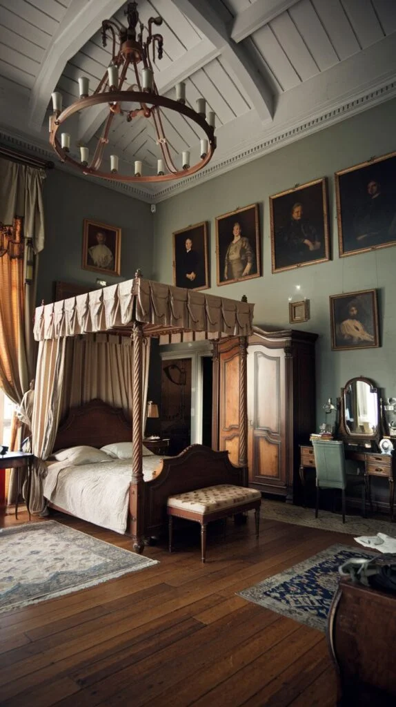 Victorian bedroom with dark wood four-poster bed draped in light fabric, large wooden armoire, vanity table with mirror, light green walls with framed portraits, and wooden chandelier.
