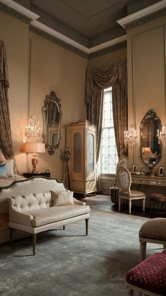 Victorian bedroom with cream tufted settee, white armoire, vanity table with mirror, patterned upholstered chair, large window with draped curtains.