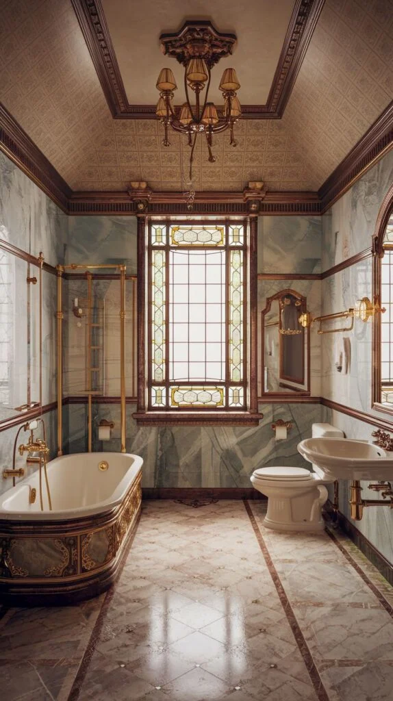 Victorian bathroom with freestanding bathtub with gold and blue details, gold fixtures, green marble walls, light marble floor, stained-glass window, and gold chandelier.