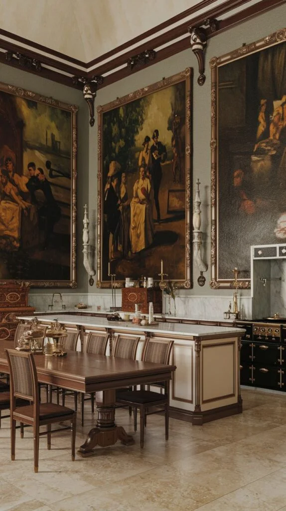 Victorian dining room with long wooden table, upholstered chairs, white kitchen island, large framed paintings, and antique-style black range.