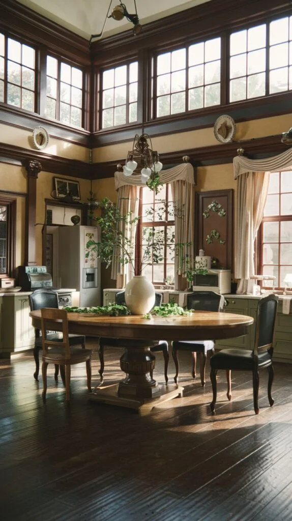 Victorian dining room with large multi-paned windows, oval wooden dining table, mixed chairs, chandelier, dark wood trim, refrigerator, and built-in cabinets.