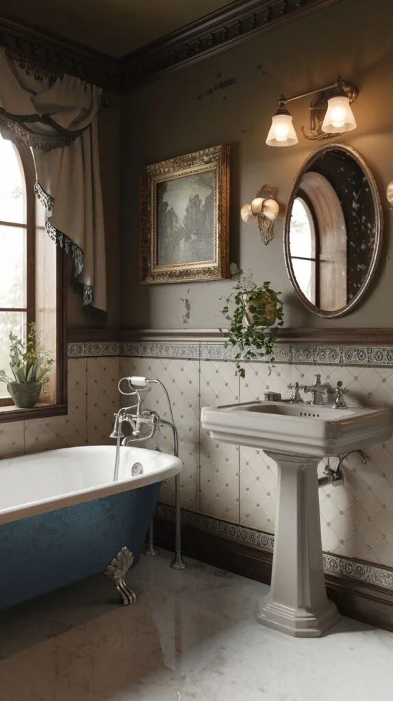 Victorian bathroom with light blue clawfoot tub, white pedestal sink, patterned tiles, framed painting, oval mirror, and tall window with draped curtain.