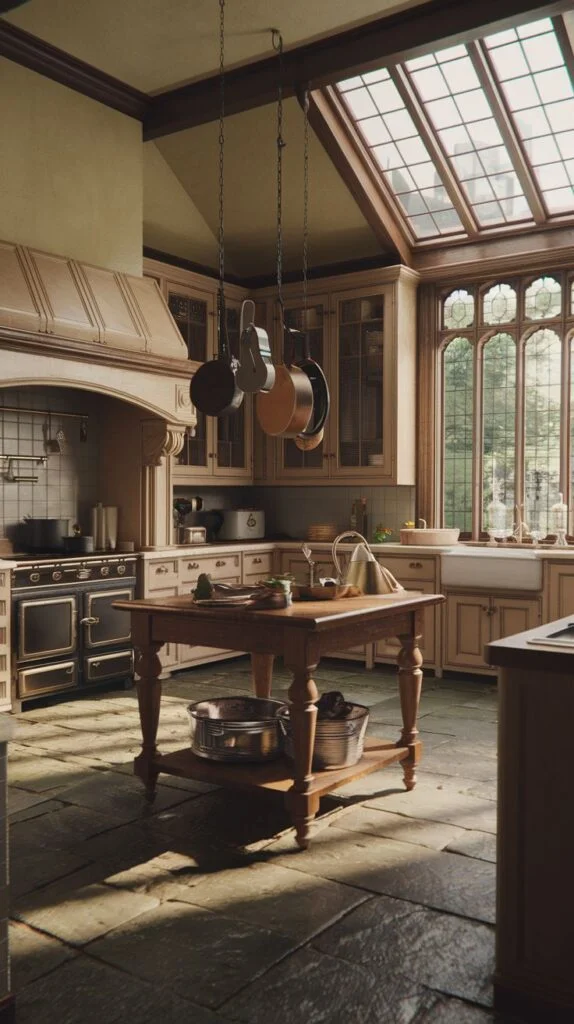 Victorian kitchen with rustic wooden island, hanging pots, large range hood and stove, skylight roof, arched windows, and stone tile floor.