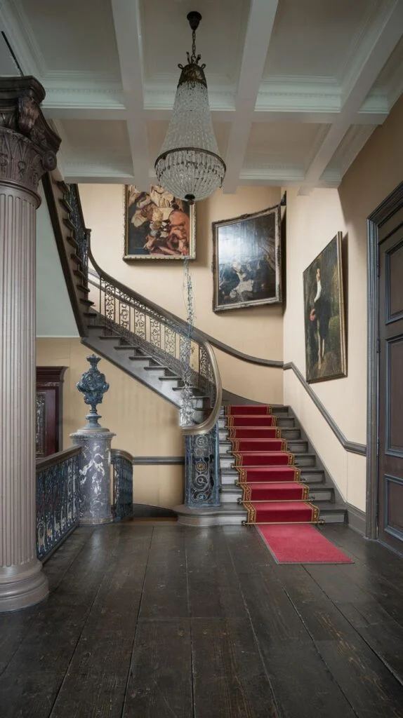 Victorian grand entrance hall with sweeping staircase, red runner carpet, intricate dark metal railings, tall columns, large framed paintings, and crystal chandelier.