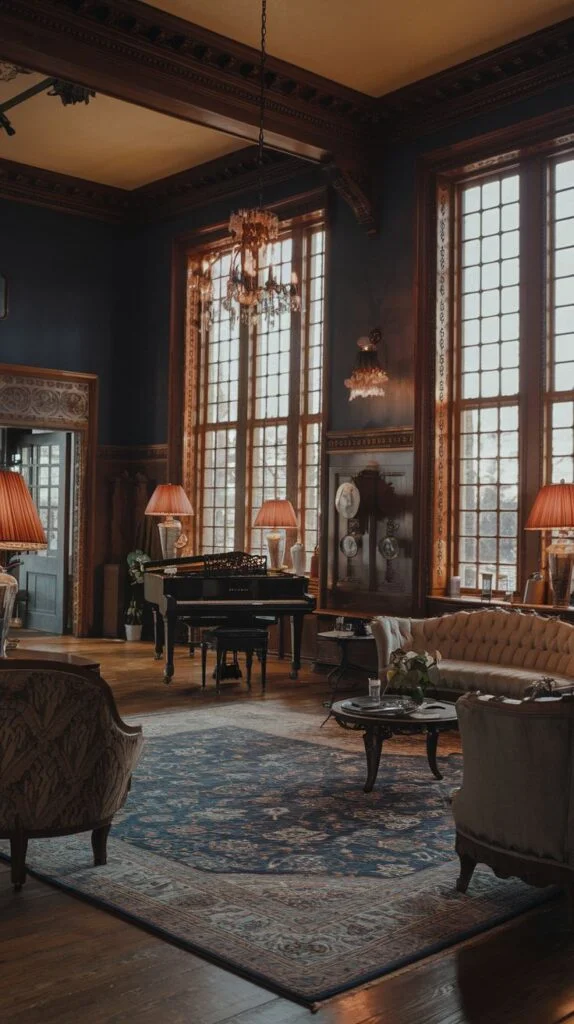 Victorian living room with grand piano, tufted sofa and armchairs, dark wood accents, patterned rug, chandeliers, and tall multi-paned windows.
