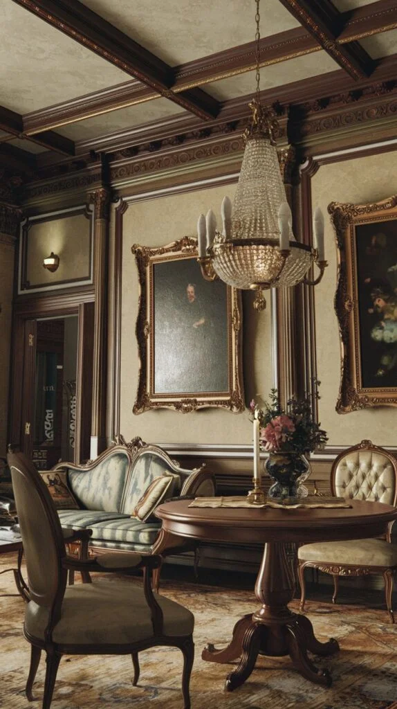Victorian sitting room with rich wall paneling, large framed portraits, crystal chandelier, round wooden table with chairs, striped sofa, and vase of flowers.