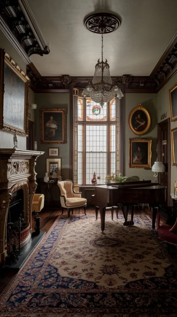 Victorian study with ornate fireplace, grand piano near stained-glass window, walls covered with framed portraits, patterned rug, and crystal chandelier.