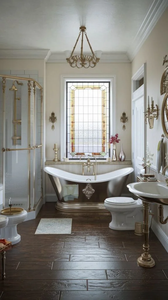 Victorian bathroom with white freestanding bathtub with silver-gold accents, stained-glass window, toilet, pedestal sink, glass-enclosed shower, and ornate wall sconces.