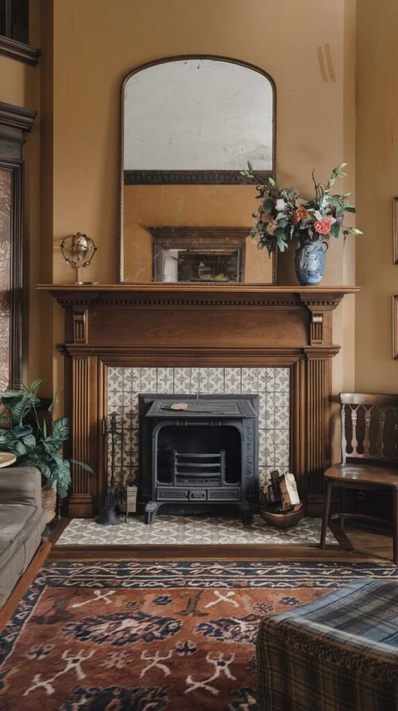Victorian living space with wooden fireplace mantel, large arched mirror, decorative tiled hearth, warm-toned walls, patterned rug, plant, and decorative vase.