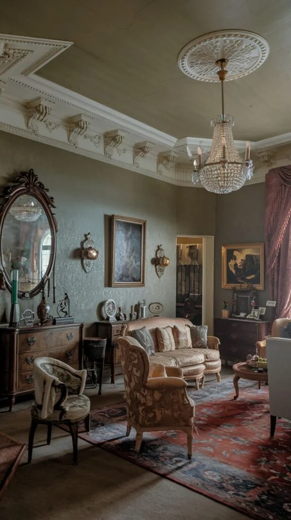 Victorian living room with ornate crystal chandelier, large oval mirror above dresser, tufted sofa, patterned armchairs, rich drapes, large patterned rug, decorative paneling, and wall sconces.