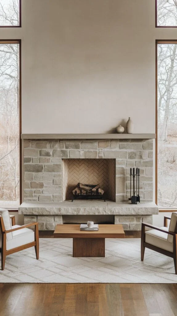 Light stone fireplace with flat mantel and herringbone firebox in bright living room