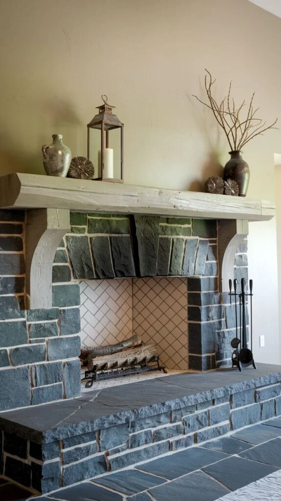Dark stone fireplace with light wooden mantel and herringbone firebox
