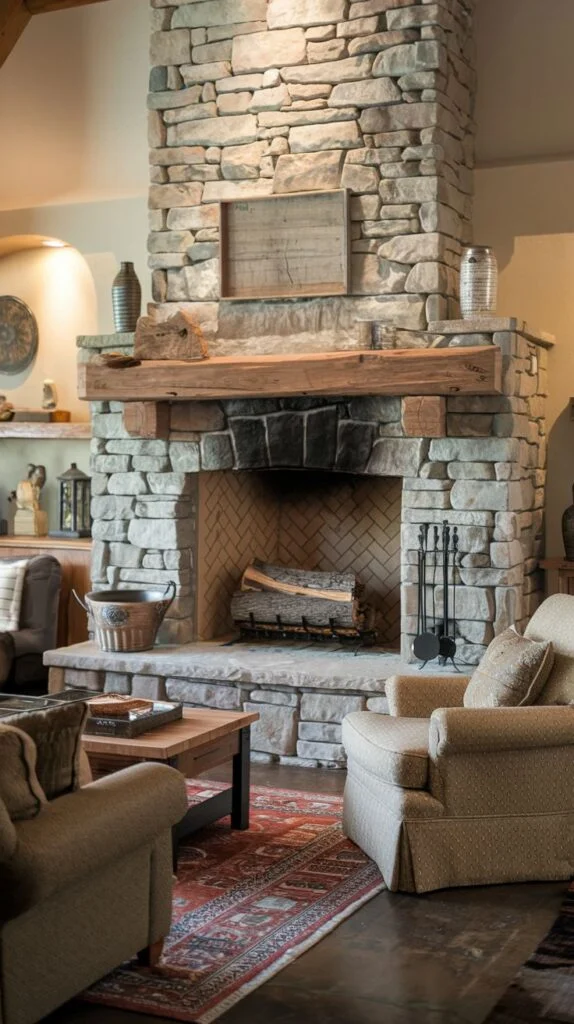 Full-height rustic stone fireplace with rough-hewn wooden mantel