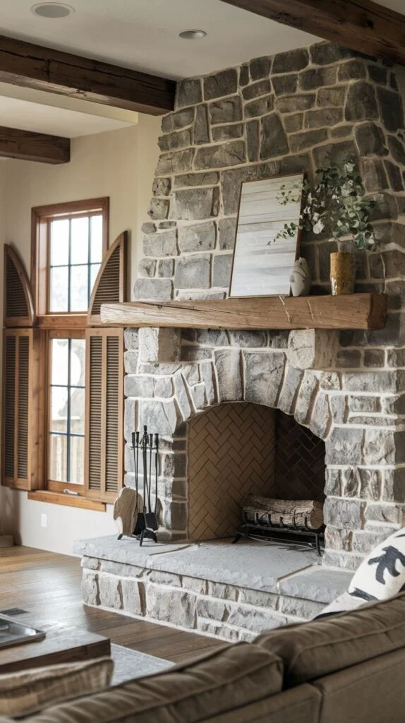 Light stone fireplace with arched firebox and rustic wooden mantel