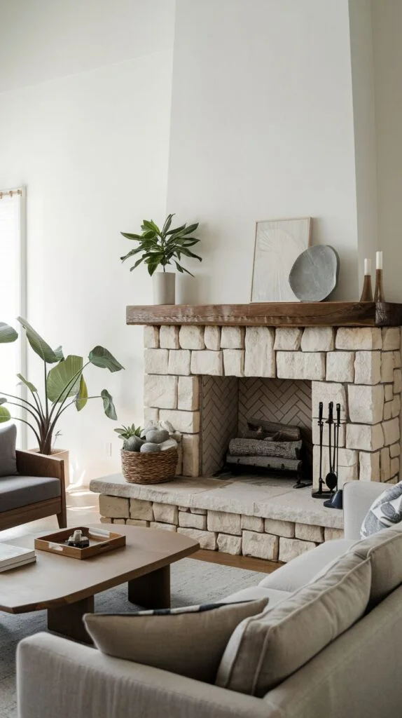 Light block stone fireplace with thick stone mantel and plants