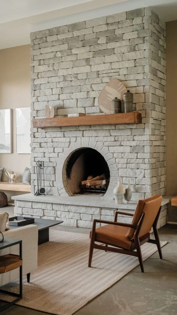 Grey stone fireplace with circular firebox opening and wooden mantel