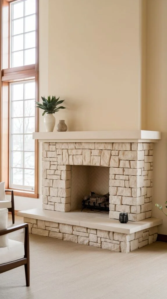 Modern light stone fireplace with flat mantel and minimalist decor