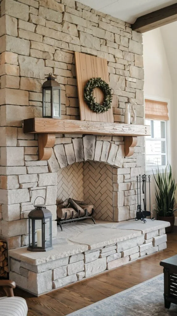 Light stone fireplace with arched firebox and rustic wooden mantel
