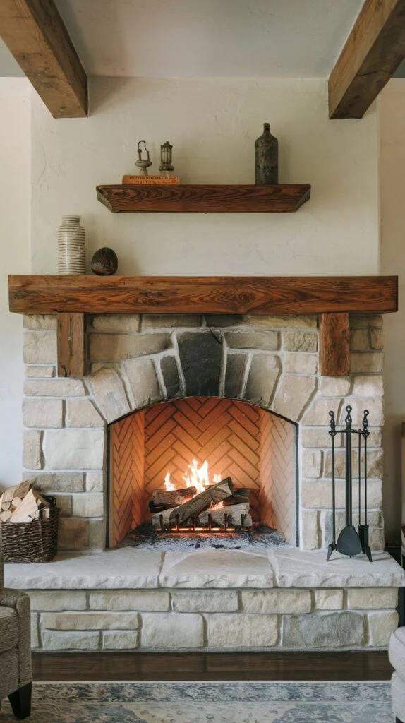 Light stone fireplace with arched opening, wooden mantel, and floating shelf