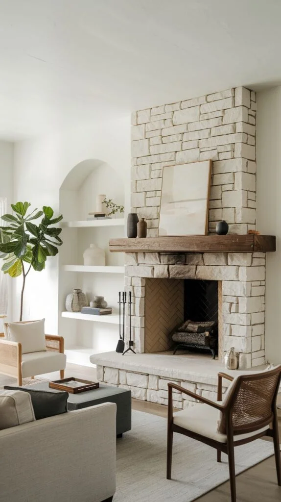 Light stone fireplace with rustic wooden mantel and integrated shelves
