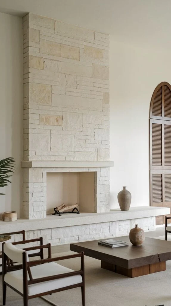 Tall light stone fireplace with long stone hearth and minimalist design