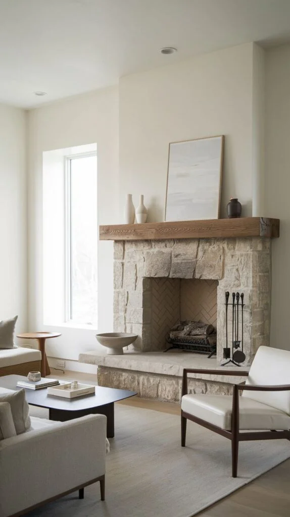 Light stone fireplace with rustic wooden mantel and wide hearth